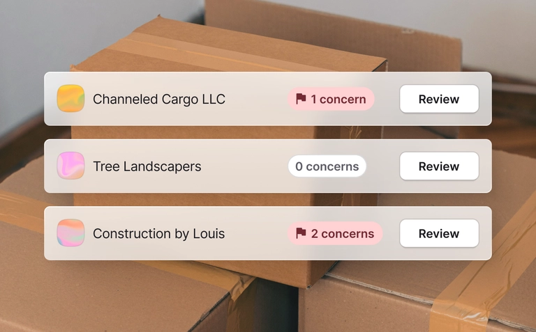 List of business customers with flagged concerns and review buttons displayed over stacked shipping boxes.